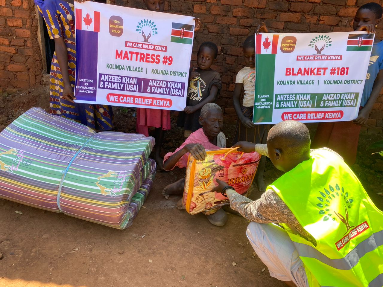 Grandma in Kenya Receives Renovated House, Life Supplies and Goats Grandma in Kenya receiving from a volunteer donated life supplies including mattress and blanket.