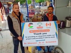 Small Business Startup Selling Coffee for Jobless Brother in Gaza Volunteer with sponsored brother in Gaza, who received the new integrated cart, ready to start a small business selling drinks.