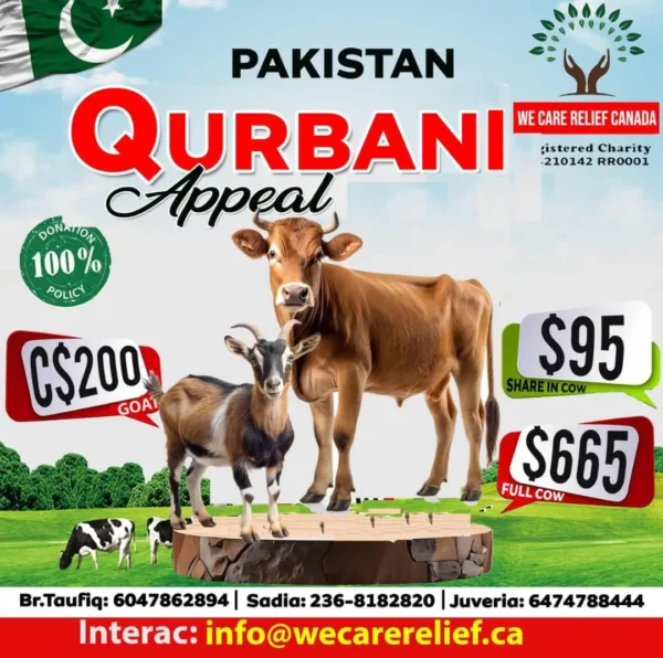 Qurbani Appeal for Pakistan poster and donation contact